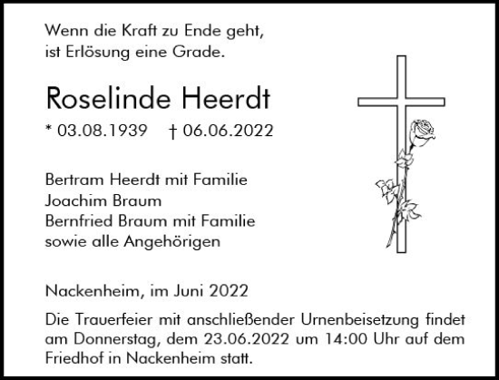 Traueranzeige von Roselinde Heerdt von vrm-trauer AZ Mainz