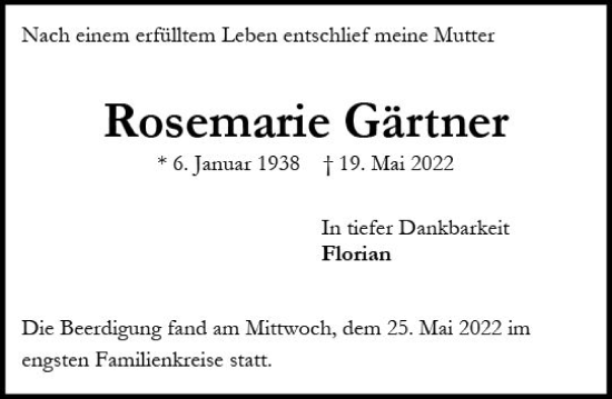 Traueranzeige von Rosemarie Gärtner von vrm-trauer AZ Mainz