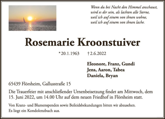 Traueranzeige von Rosemarie Kroonstuiver von vrm-trauer Rüsselsheimer Echo / MainSpitze