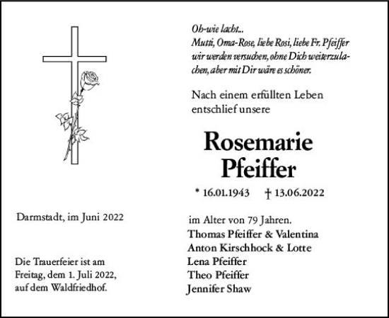 Traueranzeige von Rosemarie Pfeiffer von vrm-trauer Darmstädter Echo