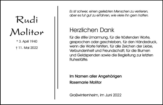 Traueranzeige von Rudi Molitor von vrm-trauer Allgemeine  Zeitung Ingelheim-Bingen