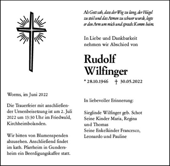 Traueranzeige von Rudolf Wilfinger von vrm-trauer Wormser Zeitung