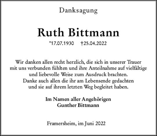 Traueranzeige von Ruth Bittmann von vrm-trauer Allgemeine Zeitung Alzey
