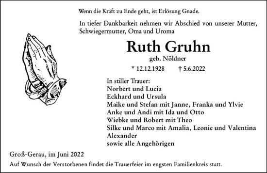 Traueranzeige von Ruth Gruhn von vrm-trauer Groß-Gerauer Echo