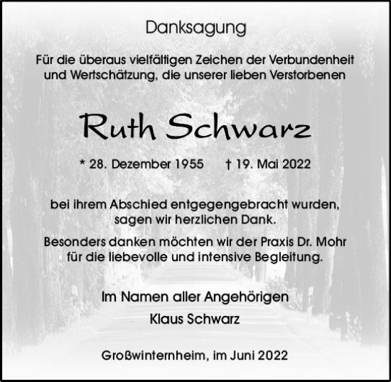 Traueranzeige von Ruth Schwarz von vrm-trauer Allgemeine  Zeitung Ingelheim-Bingen