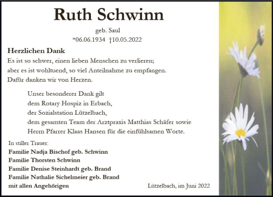 Traueranzeige von Ruth Schwinn von vrm-trauer Odenwälder Echo