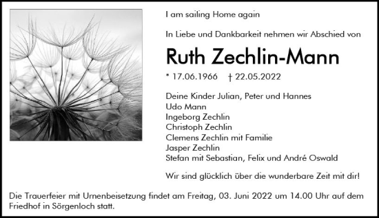 Traueranzeige von Ruth Zechlin-Mann von vrm-trauer AZ Mainz