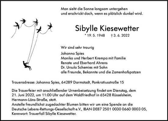 Traueranzeige von Sibylle Kiesewetter von vrm-trauer Rüsselsheimer Echo / MainSpitze