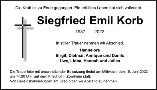 Traueranzeige von Siegfried Emil Korb von vrm-trauer AZ Mainz
