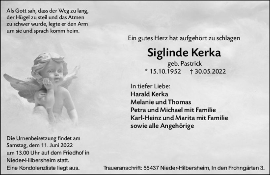 Traueranzeige von Siglinde Kerka von vrm-trauer Allgemeine  Zeitung Ingelheim-Bingen