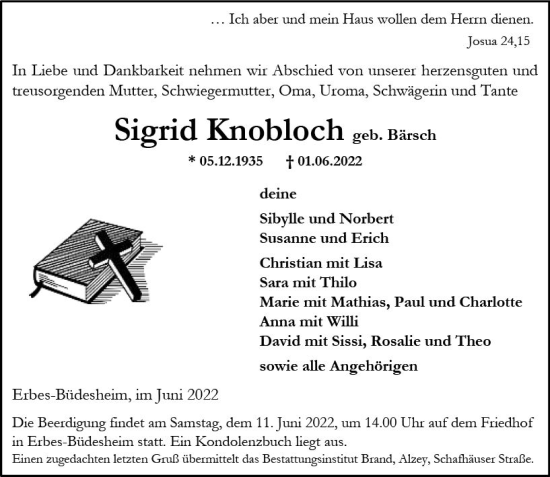 Traueranzeige von Sigrid Knobloch von vrm-trauer Allgemeine Zeitung Alzey