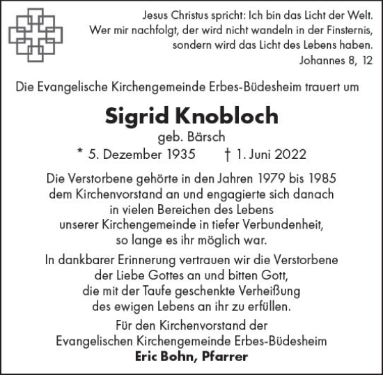 Traueranzeige von Sigrid Knobloch von vrm-trauer Allgemeine Zeitung Alzey