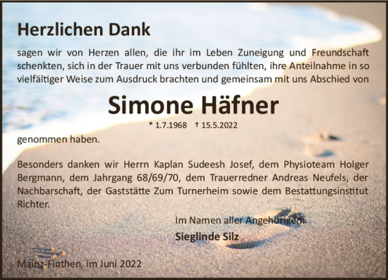 Traueranzeige von Simone Häfner von vrm-trauer AZ Mainz