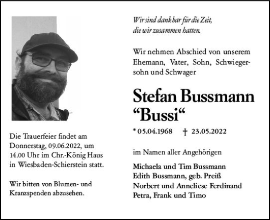 Traueranzeige von Stefan Bussmann von vrm-trauer Wiesbadener Kurier
