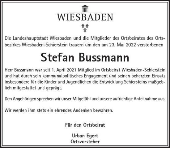 Traueranzeige von Stefan Bussmann von vrm-trauer Wiesbadener Kurier
