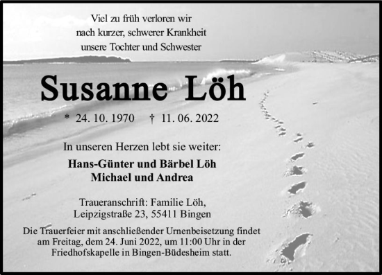 Traueranzeige von Susanne Löh von vrm-trauer Allgemeine  Zeitung Ingelheim-Bingen