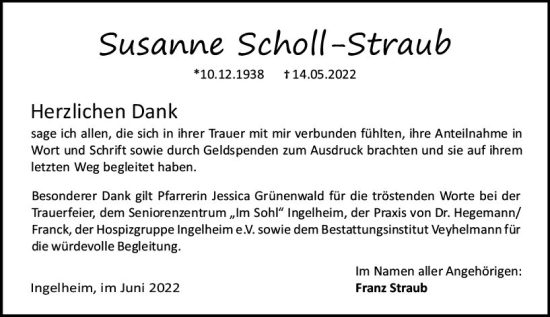 Traueranzeige von Susanne Scholl-Straub von vrm-trauer Allgemeine  Zeitung Ingelheim-Bingen