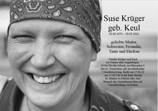 Traueranzeige von Suse Krüger von vrm-trauer Wiesbadener Kurier