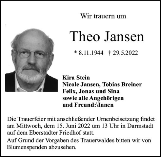 Traueranzeige von Theo Jansen von vrm-trauer Darmstädter Echo