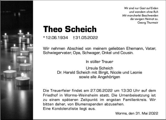 Traueranzeige von Theo Scheich von vrm-trauer Wormser Zeitung
