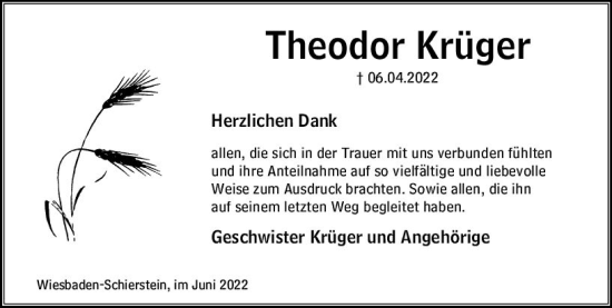 Traueranzeige von Theodor Krüger von vrm-trauer Wiesbadener Kurier