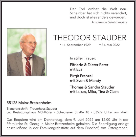 Traueranzeige von Theodor Stauder von vrm-trauer AZ Mainz
