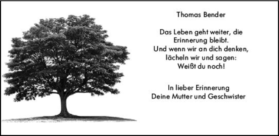 Traueranzeige von Thomas Bender von vrm-trauer Rüsselsheimer Echo / MainSpitze