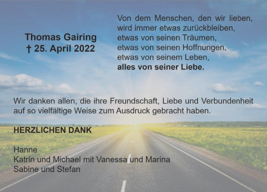 Traueranzeige von Thomas Gairing von vrm-trauer Wiesbadener Kurier