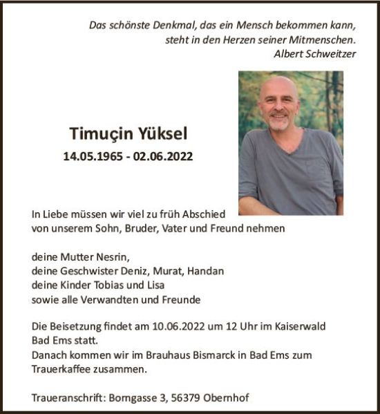 Traueranzeige von Timucin Yüksel von vrm-trauer AZ Mainz