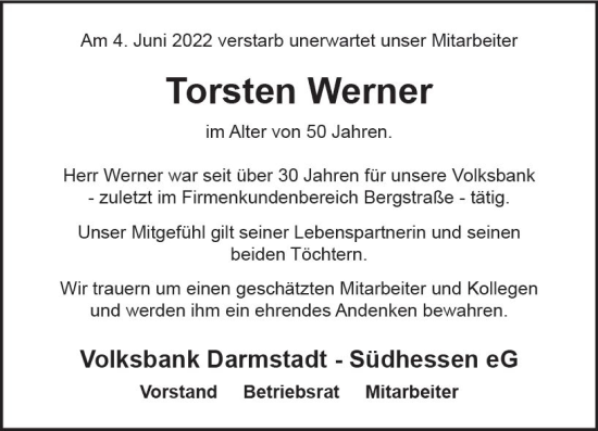 Traueranzeige von Torsten Werner von vrm-trauer Bürstädter/Lamperth. Ztg/Starkenburger
