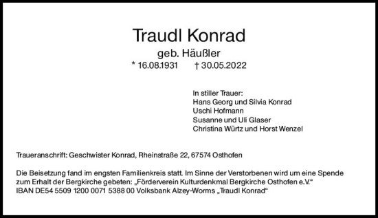 Traueranzeige von Traudl Konrad von vrm-trauer Allgemeine Zeitung Alzey