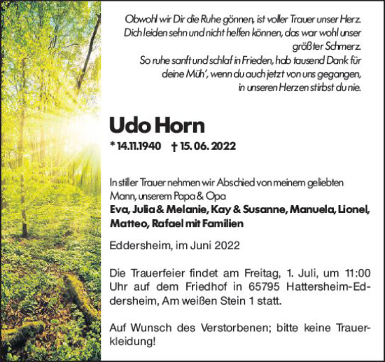 Traueranzeige von Udo Horn von vrm-trauer Wiesbadener Kurier
