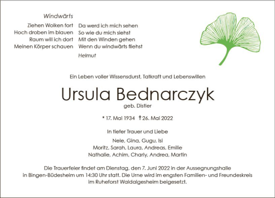 Traueranzeige von Ursula Bednarczyk von vrm-trauer Allgemeine  Zeitung Ingelheim-Bingen