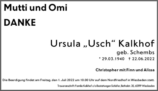 Traueranzeige von Ursula Kalkhof von vrm-trauer Wiesbadener Kurier
