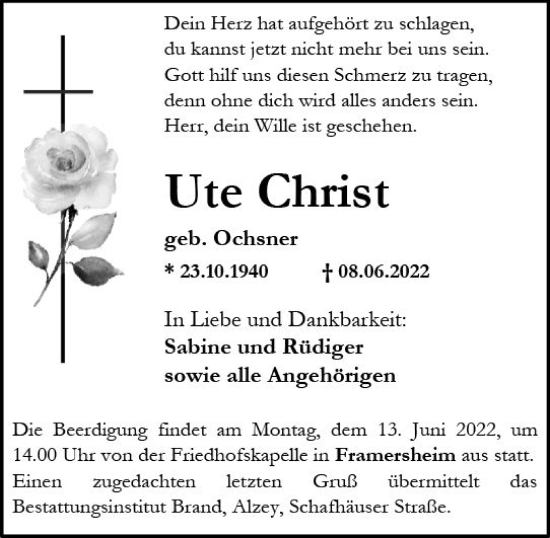 Traueranzeige von Ute Christ von vrm-trauer Allgemeine Zeitung Alzey