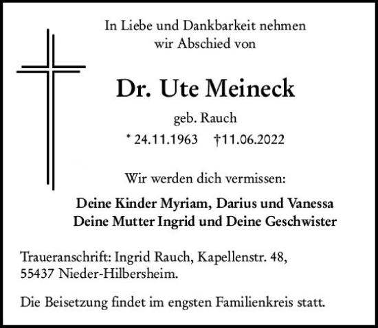 Traueranzeige von Ute Meineck von vrm-trauer Allgemeine  Zeitung Ingelheim-Bingen