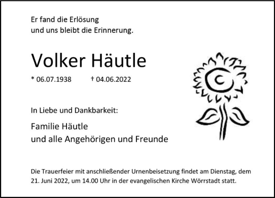 Traueranzeige von Volker Häutle von vrm-trauer Allgemeine Zeitung Alzey