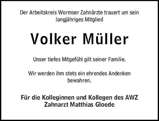 Traueranzeige von Volker Müller von vrm-trauer Wormser Zeitung