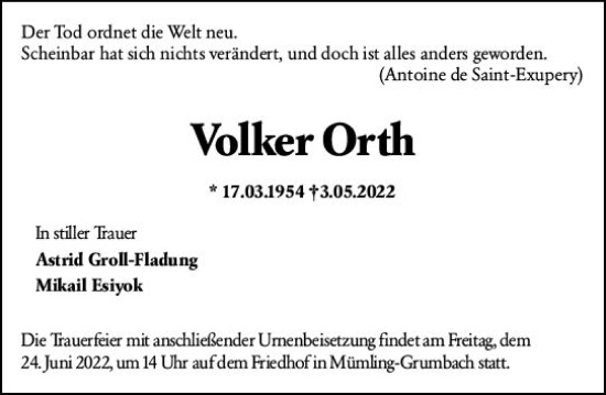 Traueranzeige von Volker Orth von vrm-trauer Odenwälder Echo
