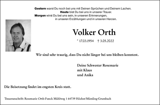 Traueranzeige von Volker Orth von vrm-trauer Odenwälder Echo