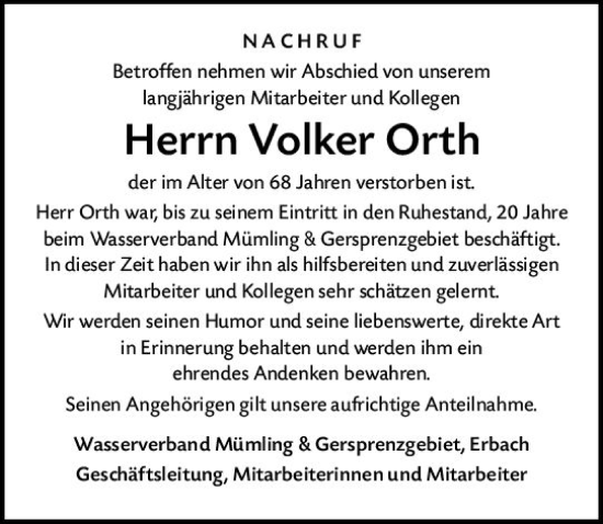 Traueranzeige von Volker Orth von vrm-trauer Odenwälder Echo