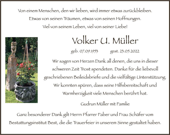 Traueranzeige von Volker U. Müller von vrm-trauer Wormser Zeitung