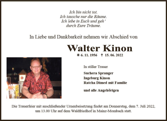 Traueranzeige von Walter Kinon von vrm-trauer AZ Mainz