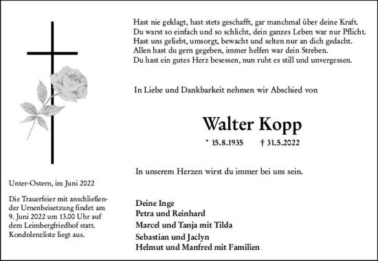 Traueranzeige von Walter Kopp von vrm-trauer Odenwälder Echo