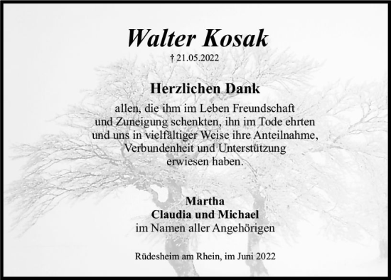 Traueranzeige von Walter Kosak von vrm-trauer Wiesbadener Kurier