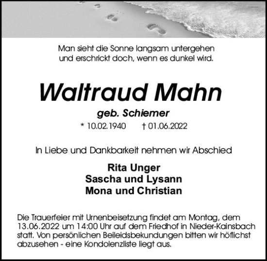 Traueranzeige von Waltraud Mahn von vrm-trauer Odenwälder Echo