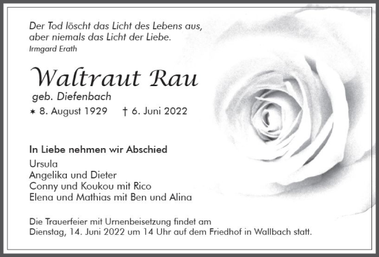 Traueranzeige von Waltraut Rau von vrm-trauer Idsteiner Zeitung