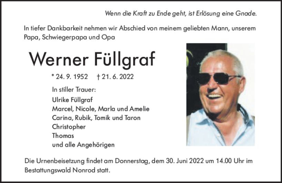 Traueranzeige von Werner Füllgraf von vrm-trauer Darmstädter Echo