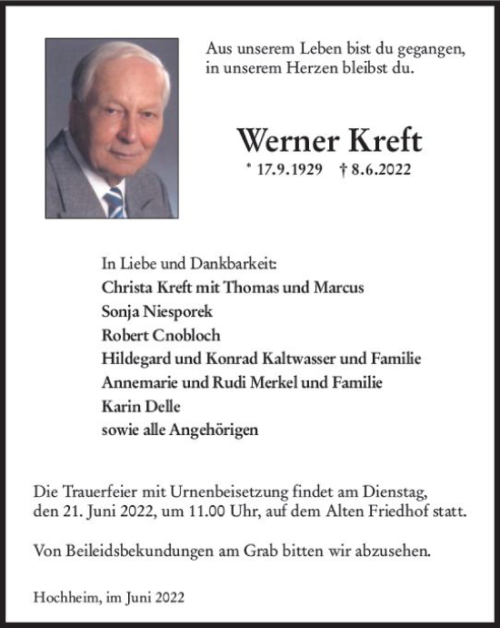 Traueranzeige von Werner Kreft von vrm-trauer Hochheimer Zeitung