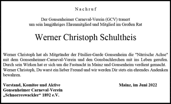 Traueranzeige von Werner Christoph Schultheis von vrm-trauer AZ Mainz